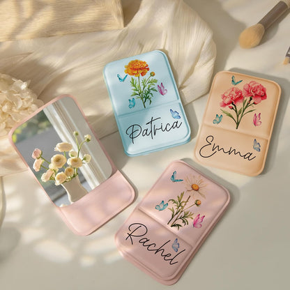 Personalized Birth Month Flower Pocket Mirror with Name - Custom Foldable Compact Travel Mirror for Women Girls – Birthday Gift for Bridesmaids, Best Friends, Mom, Daughter – 5 Colors