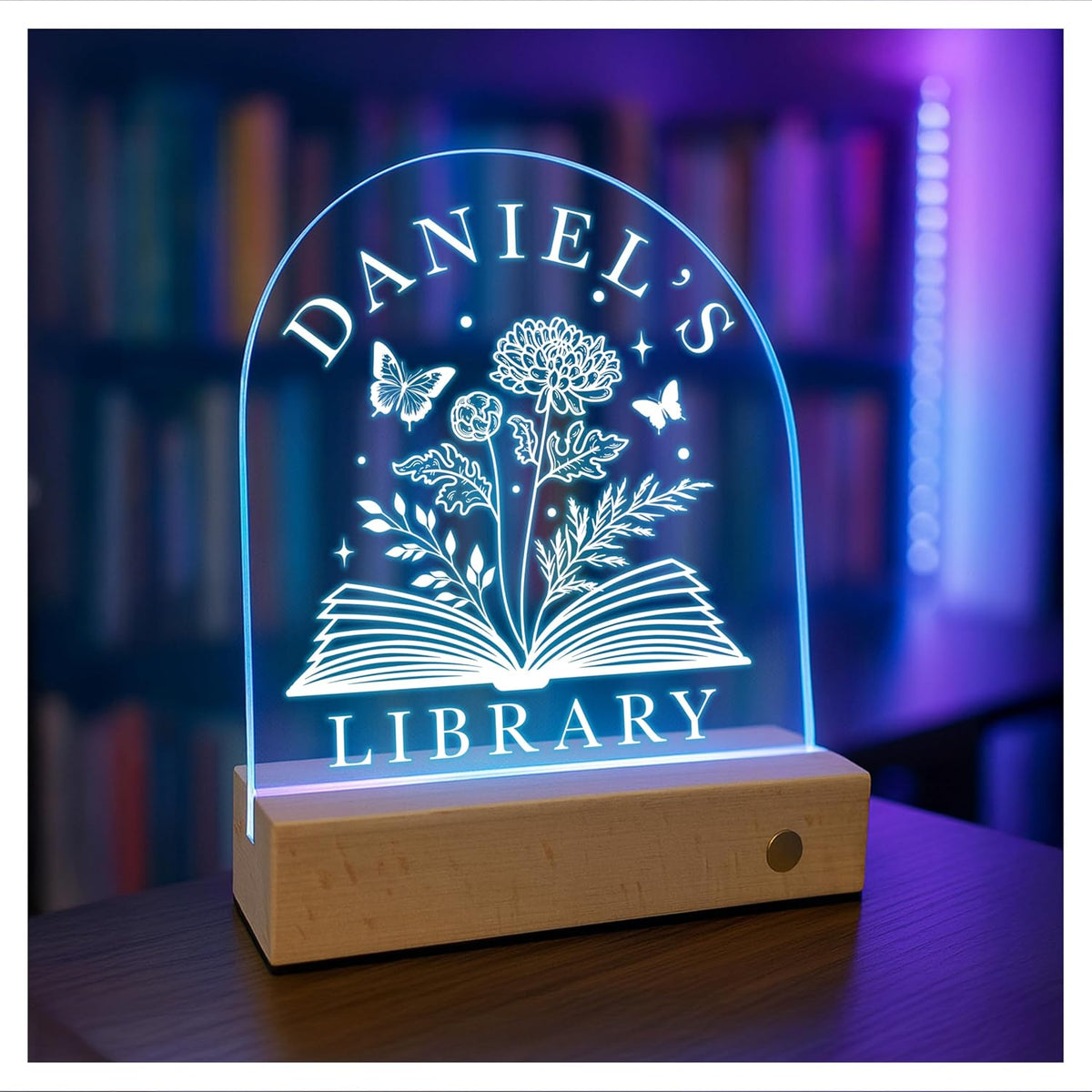 Personalized Library LED Night Light with Name, Custom Birth Month Flower