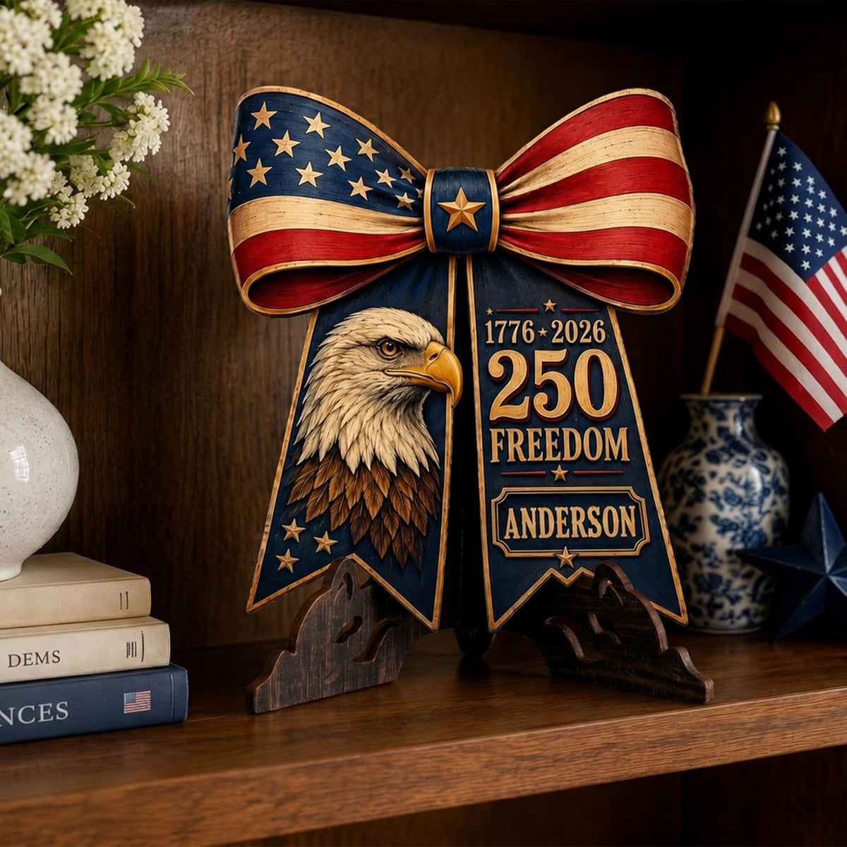Personalized Eagle Patriotic Door Sign for Front Door, Custom Family Name America 250th Anniversary Wooden Door Hanger, USA 1776-2026 Independence Day 4th of July Wall Decor