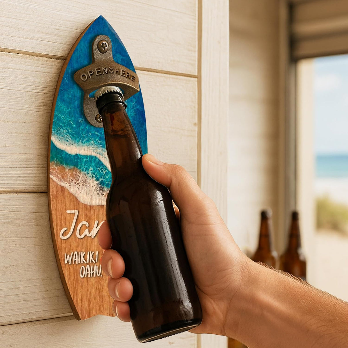 Personalized Wooden Surfboard Bottle Opener Wall Mount with Name & Beach – Custom Retro Bar Decor for Beach House, Summer Party, Housewarming, Father's Day Gift, Man Cave, Cabin or Outdoor Patio