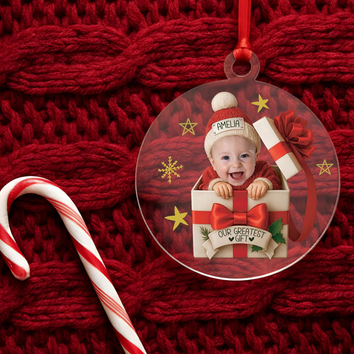 Personalized Baby’s First Christmas Photo Ornament – Custom Round Keepsake with Baby Name & Picture – Newborn 1st Christmas Tree Decoration – Gift for New Parents, Baby Shower, Mom & Dad