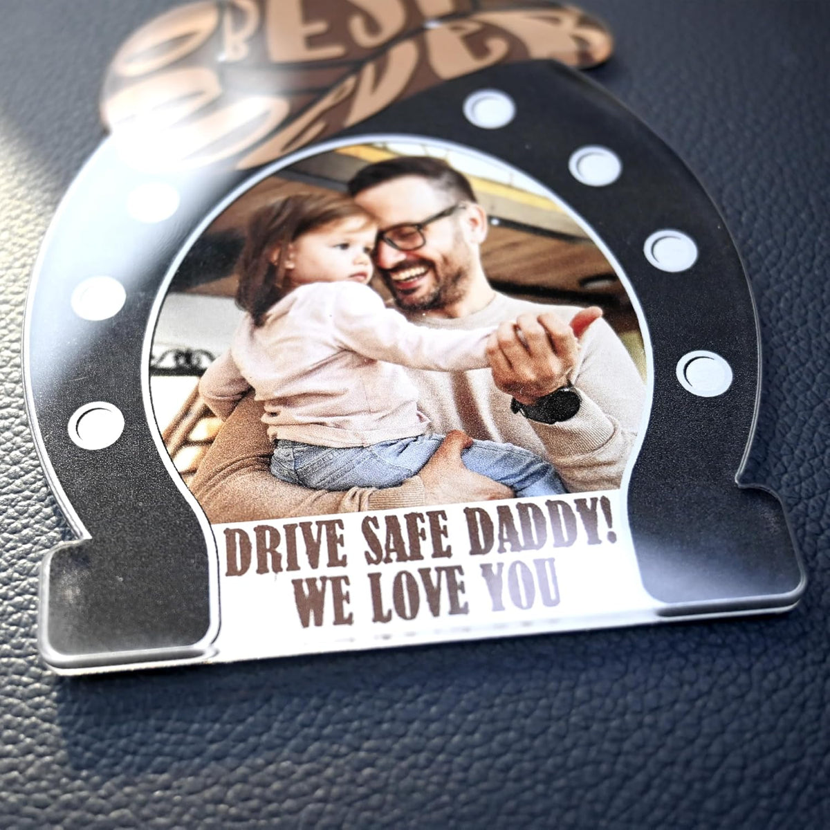 Personalized Drive Safe Daddy Photo Car Visor Sign – Custom Acrylic Cowboy Hat Visor Clip Gift from Kids – Unique Father's Day Keepsake with Text – Best Dad Ever Car Decoration