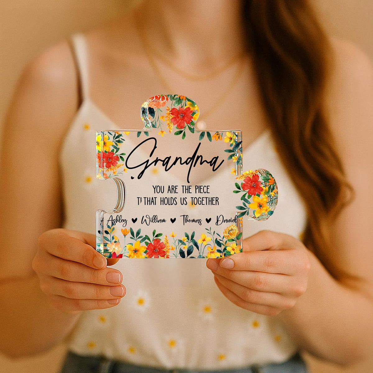 Personalized Acrylic Plaque Gift for Mom Grandma Nana - Custom Floral Name Keepsake for Mother’s Day, Birthday, Christmas - Clear Puzzle Block Home Table Decorative from Family