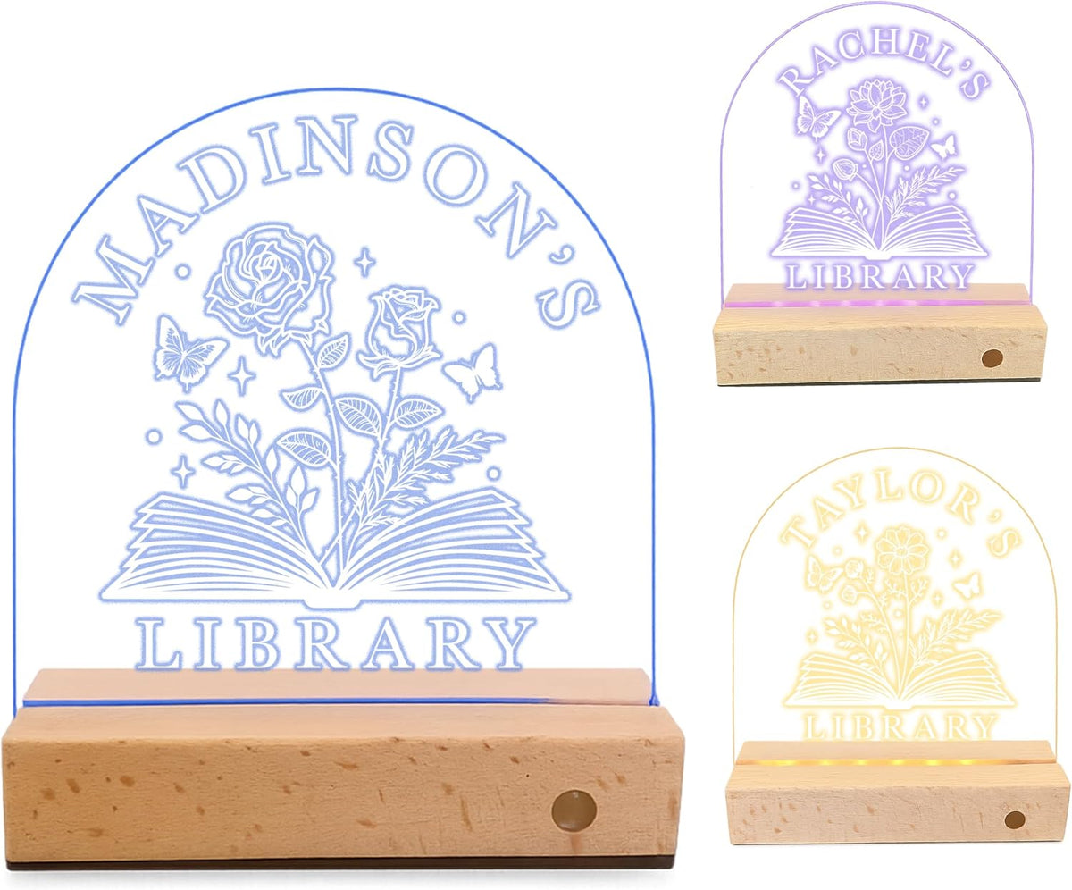 Personalized Library LED Night Light with Name, Custom Birth Month Flower