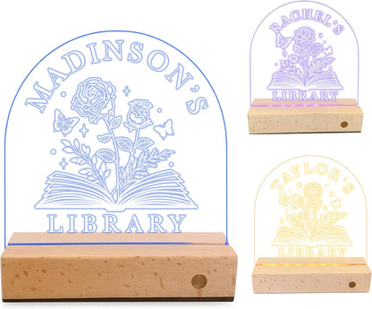 Personalized Library LED Night Light with Name, Custom Birth Month Flower