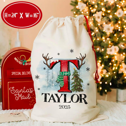 Zexpa Apparel Personalized Christmas Santa Sack, Custom Name & Initial Gift Bag with Reindeer Antlers and Snow Design, Large 24x16 Drawstring Present Bag for Kids, Adults, Family Holiday Decoration