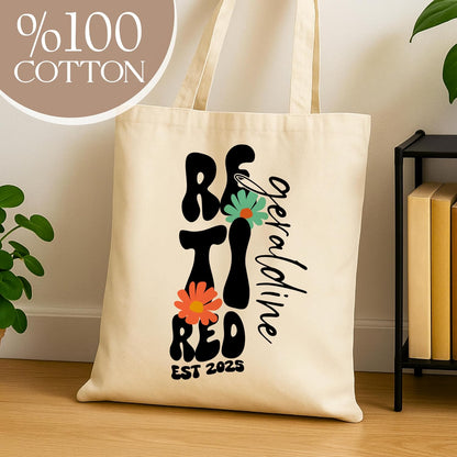 Personalized Retired Tote Bag with Name & Year - Custom Floral Canvas Shoulder Bag Gift for Retired Women, Teachers, Nurses, Coworkers - Retirement Party Favor, Funny Daily Use Bag 15x16 Inch