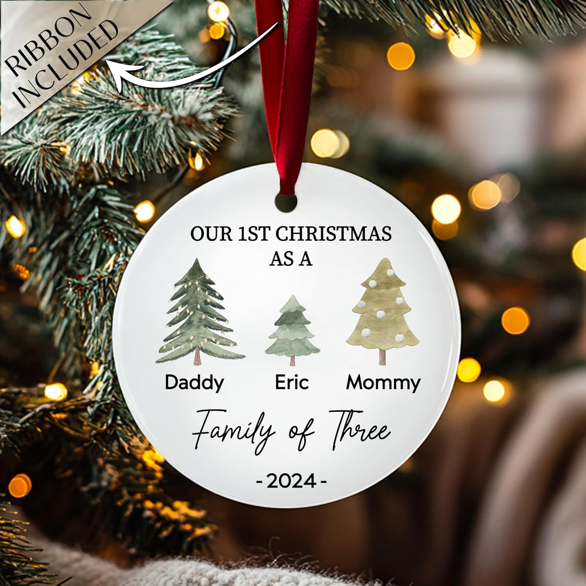 Custom 2025 Ceramic Ornaments - Personalized Monogrammed Name & Pine Tree Decorations - Holiday Keepsake with Year for Family of Three, Our First for Mommy & Daddy