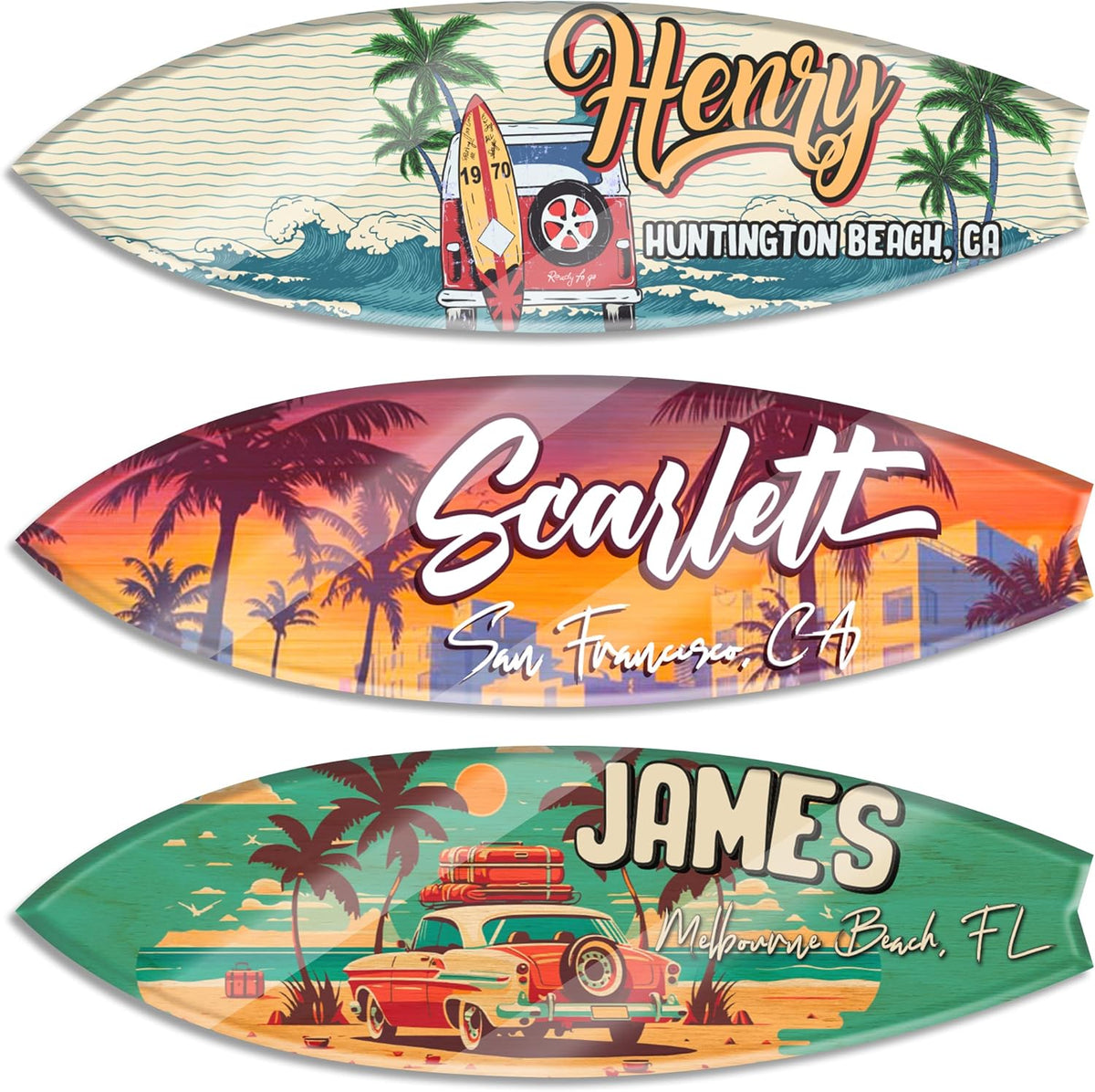 Personalized Acrylic Surfboard Magnet with Name & Beach Location – Custom Tropical Fridge Magnet Gift for Summer Vacation, Beach House Souvenir, Coastal Decor or Birthday for Surfer, Traveler, Friend