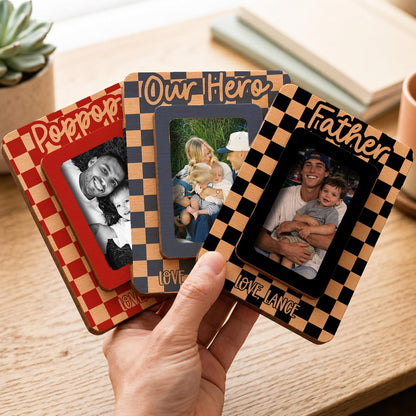Father's Day Car Visor Photo Frame Personalized, Custom Dad Picture Holder Clip, Buffalo Plaid 2x3 Mini Frame for Truck Accessories, Magnet Back Option for Fridge, Gift from Kids for Grandpa