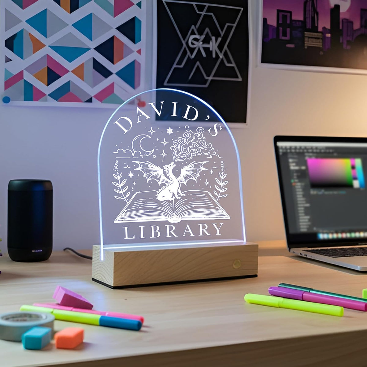 Personalized LED Acrylic Book Nook Light with Name - Custom Night Lamp for Kids Bedroom, Library or Reading Nook - 8 Color Touch Base - Bookish Gift for Bookworms, Readers, Girls & Boys