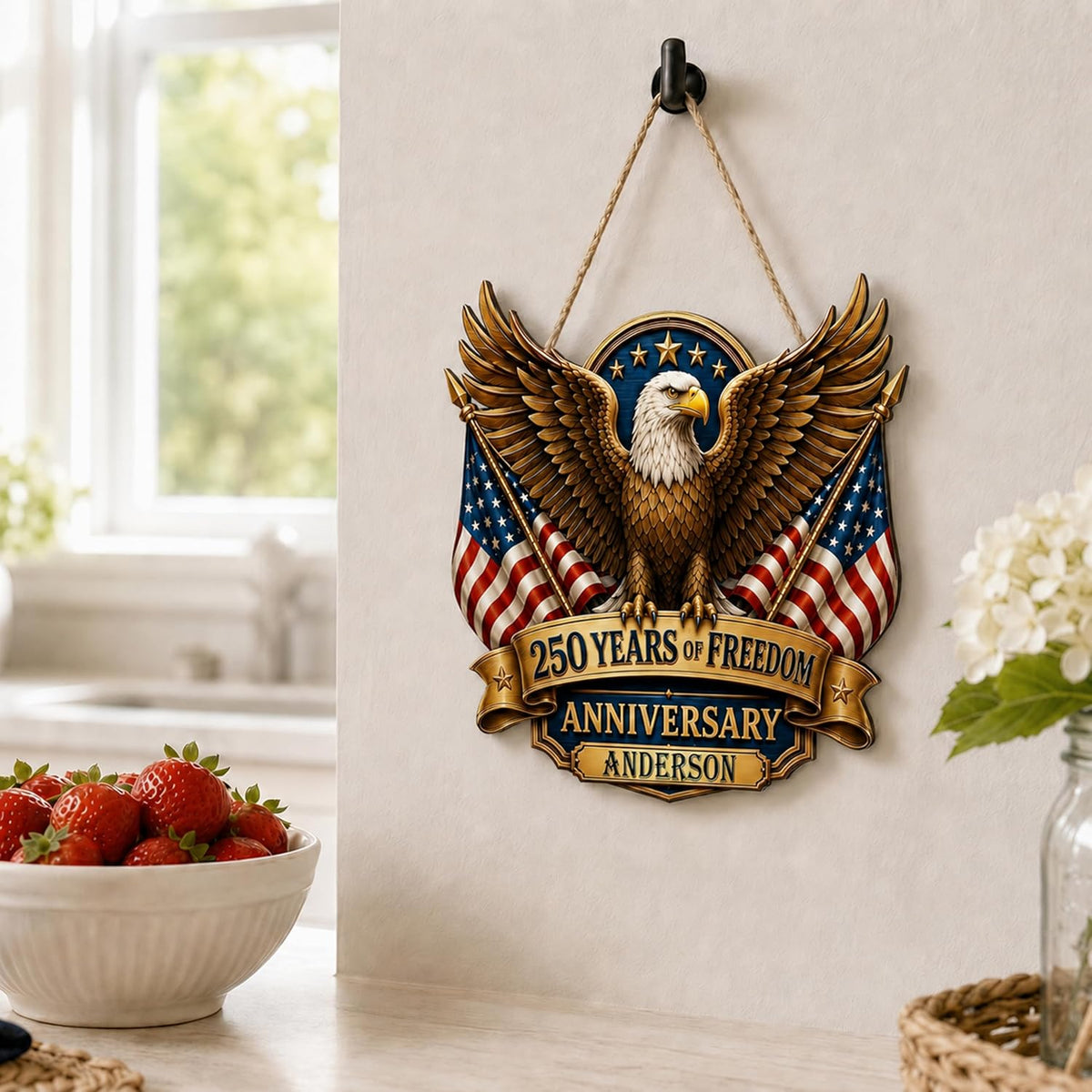 Personalized Eagle Patriotic Door Sign for Front Door, Custom Family Name America 250th Anniversary Wooden Door Hanger, USA 1776-2026 Independence Day 4th of July Wall Decor