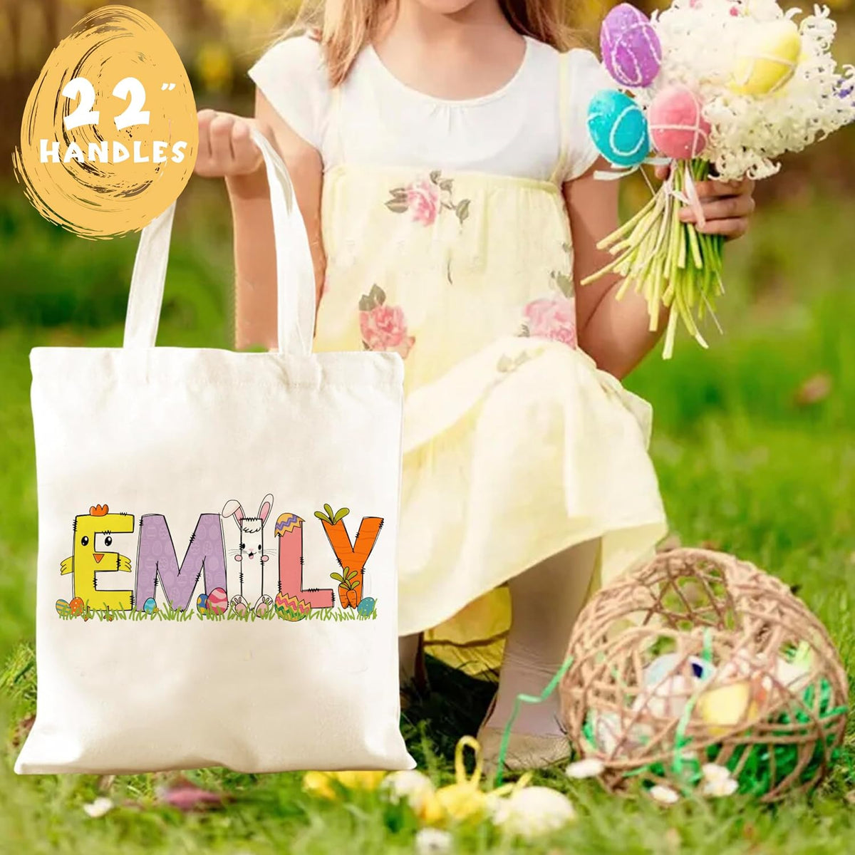 Personalized Easter Egg Hunt Tote Bag with Name, Custom Boys and Girls Gift