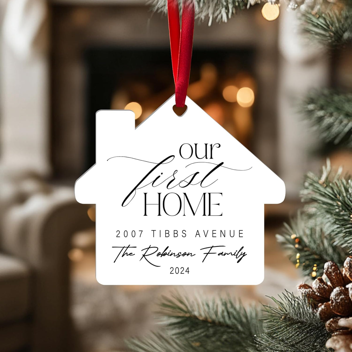Personalized White Acrylic Xmas Ornaments - Custom Tree Decoration with Names, Address & Year - Unique Holiday Keepsake Gift for Wife & Husband, Christmas Home Decor Our First Home