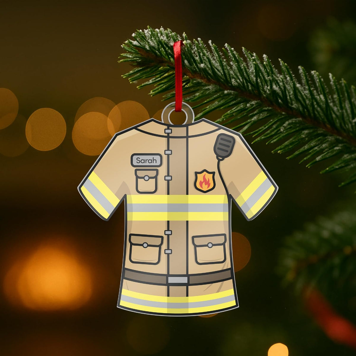 Personalized Firefighter Uniform Ornament – Custom Acrylic Christmas Keepsake with Name on Tan Reflective Design – Fireman Gift for Family, Friends, Hero First Responder Tree Decoration