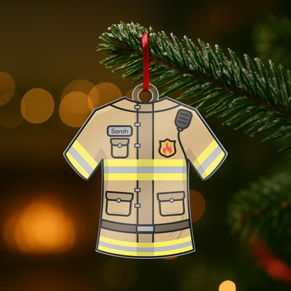 Personalized Firefighter Uniform Ornament – Custom Acrylic Christmas Keepsake with Name on Tan Reflective Design – Fireman Gift for Family, Friends, Hero First Responder Tree Decoration