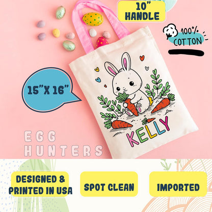 Custom DIY Easter Tote Bag for Kids and Treat Party - Personalized Reusable Canvas Egg Hunt Basket with Name to Boys, Girls - Customized Colorable Bunny Gift Bags 6 Designs & 3 Handle Color