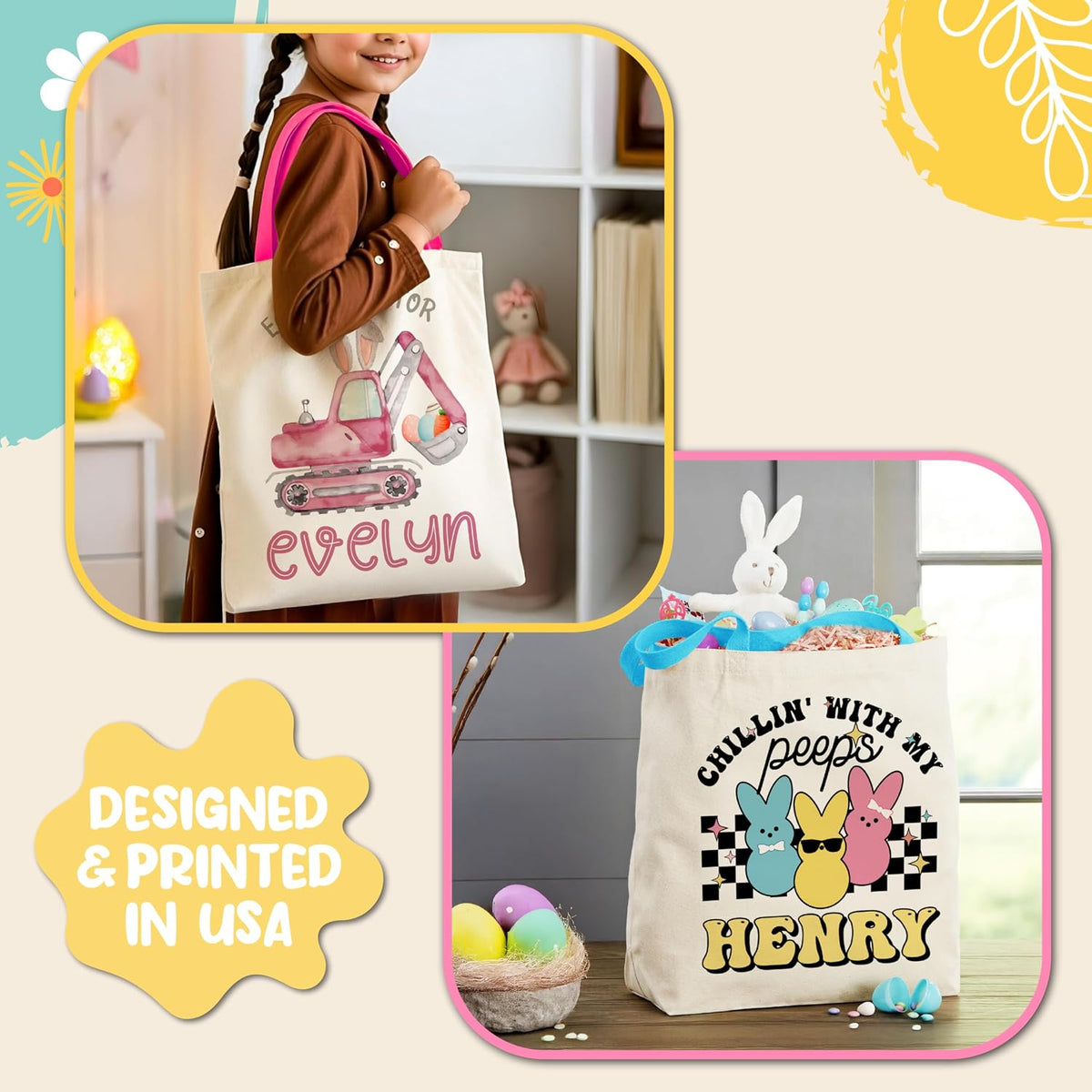 Personalized Easter Tote Bag with Name, Custom Canvas Bunny Egg Hunt Gift
