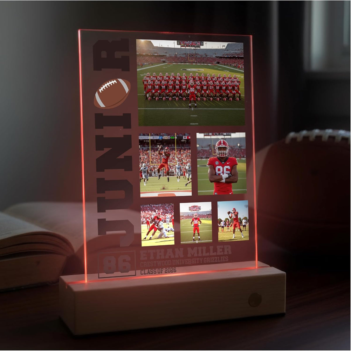 Football Senior Gift – Personalized Football Photo Collage Plaque for Player, Team, Coach, Class of Year – Custom Name Number School – Varsity Banquet, Graduation, College Signing, End-of-Season Award
