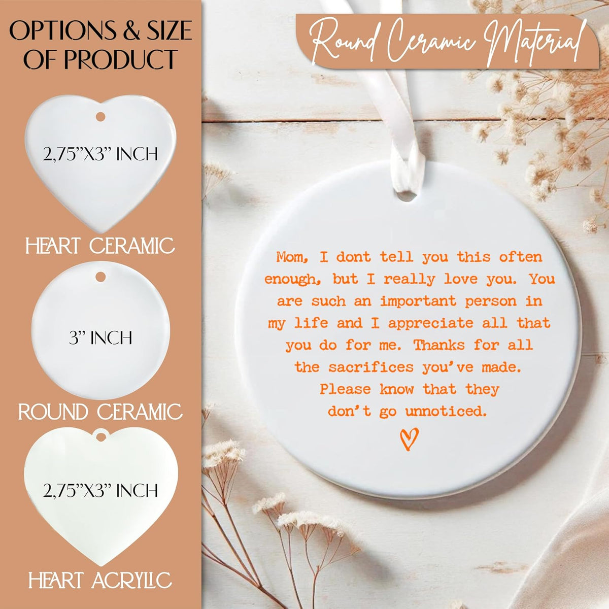 Personalized Heart Ceramic Ornament for Mom Grandma - Custom Message Keepsake with Name - Gift for Mother’s Day, Christmas, Birthday from Daughter - Heart or Round Ornament Options