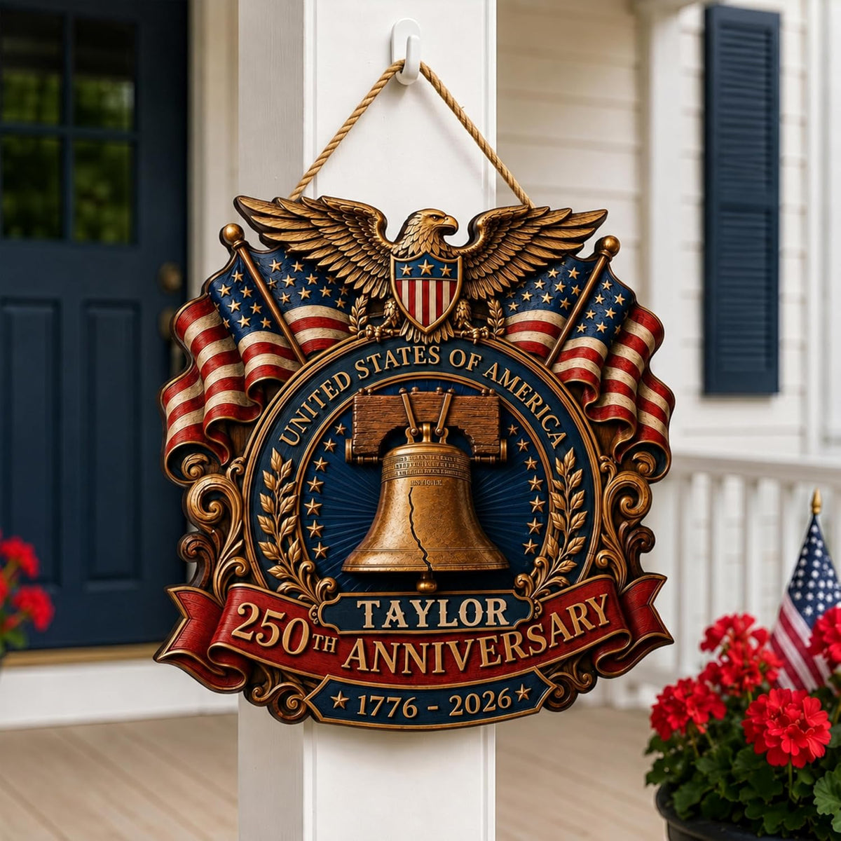 Personalized Eagle Patriotic Door Sign for Front Door, Custom Family Name America 250th Anniversary Wooden Door Hanger, USA 1776-2026 Independence Day 4th of July Wall Decor