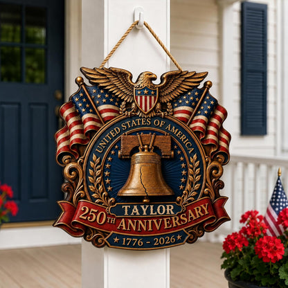 Personalized Eagle Patriotic Door Sign for Front Door, Custom Family Name America 250th Anniversary Wooden Door Hanger, USA 1776-2026 Independence Day 4th of July Wall Decor