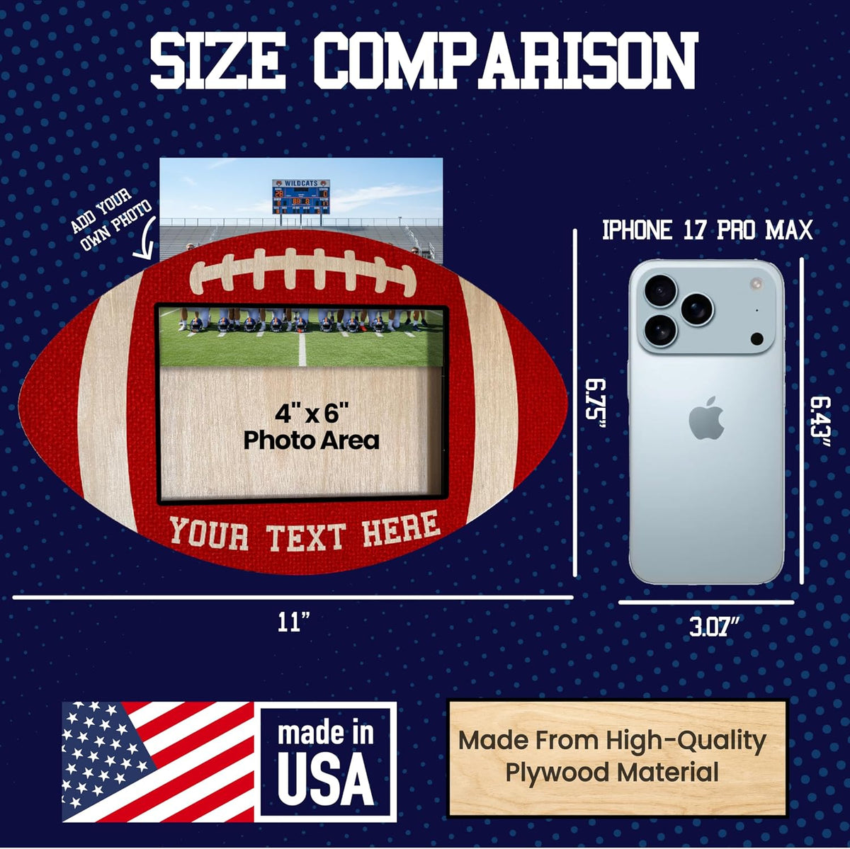 Personalized Football Photo Frame Gift for Coach Team Player – Custom 4x6 Picture Holder with Text & 10 Color Options – Wood Sports Frame for End of Season, Banquet, Senior Night