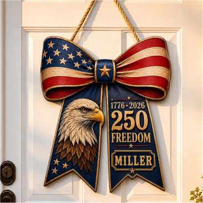 Personalized Eagle Patriotic Door Sign for Front Door, Custom Family Name America 250th Anniversary Wooden Door Hanger, USA 1776-2026 Independence Day 4th of July Wall Decor