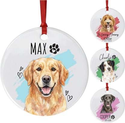 Personalized Pet Memorial Ornament, Custom Dog or Cat Watercolor Portrait with Name, in Loving Memory Option with Years, Round Ceramic Christmas Tree Ornament Gift for Pet Lovers, Keepsake