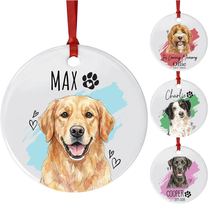 Personalized Pet Memorial Ornament, Custom Dog or Cat Watercolor Portrait with Name, in Loving Memory Option with Years, Round Ceramic Christmas Tree Ornament Gift for Pet Lovers, Keepsake