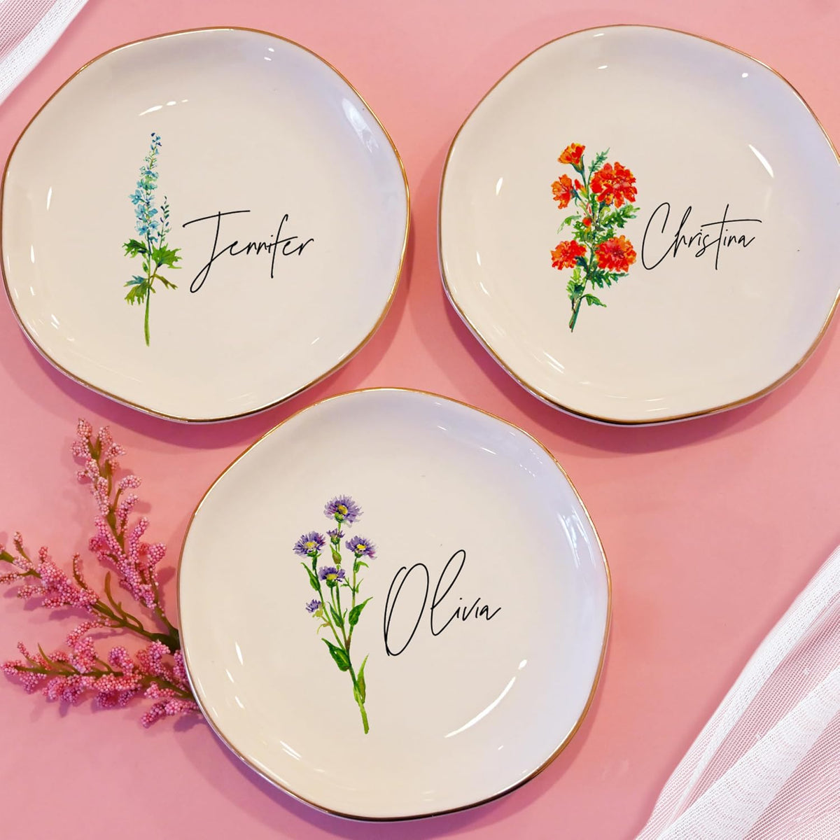 Personalized Birth Flower Name Ring Dish - Custom Floral Ceramic Jewelry Plate, Tray for Women, Bridesmaid, Daughter, Mom, Friends - Gift for Birthday, Christmas, Mother’s Day