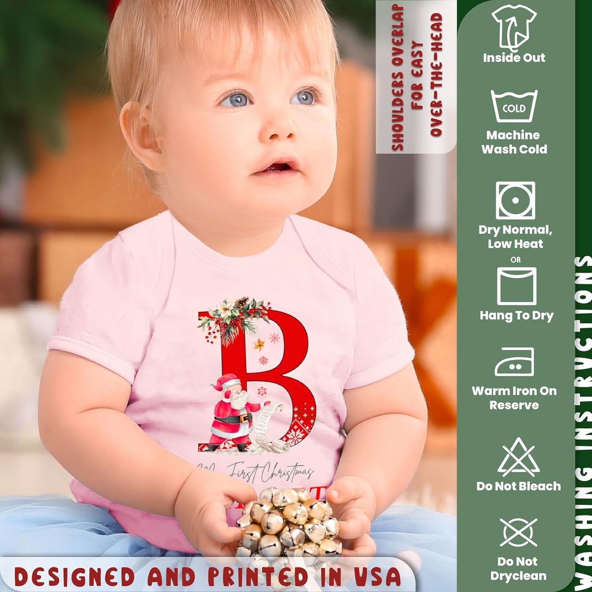 UNIQUE CUSTOM GIFTS Personalized Christmas Initial Santa Baby Onesie, Customized My Firsy Xmas Monogrammed Babys Bodysuit with Name
