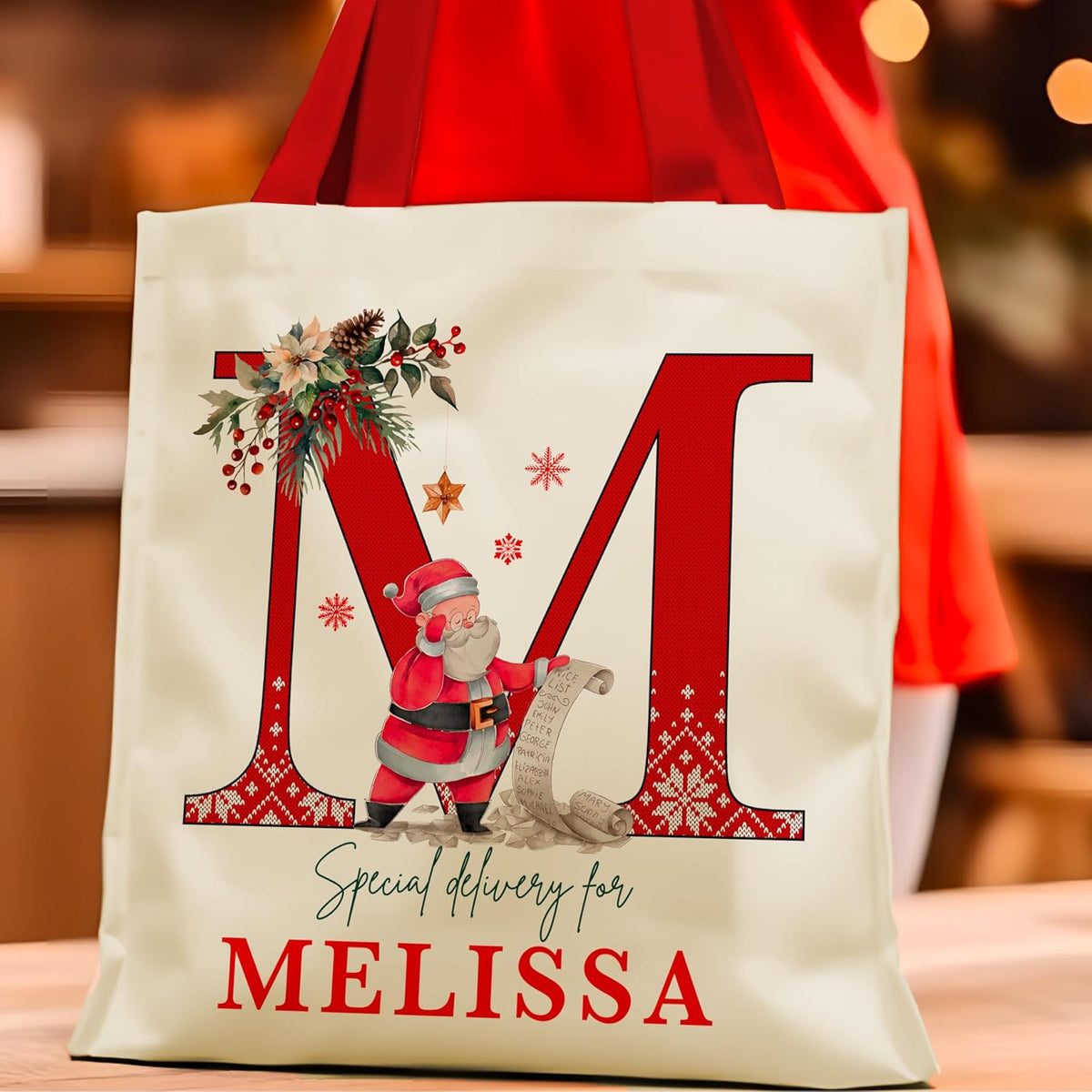 Personalized Initial Christmas Gift Bag, Custom Monogram Holiday Tote Sack