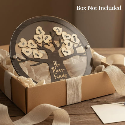 Personalized Family Tree Name Sign with Wooden Hearts – Custom Printed Acrylic & Wood Round Plaque with Stand – Unique Gift for Parents, Grandparents, Anniversary, Christmas, or Home Décor