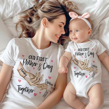Zexpa Apparel Personalized Clasping Hands Design Our First Mother’s Day Matching Shirt & Bodysuit Set - Custom Mom and Baby Girl Outfit - Customized Mommy and Baby Boy Matching T-Shirts