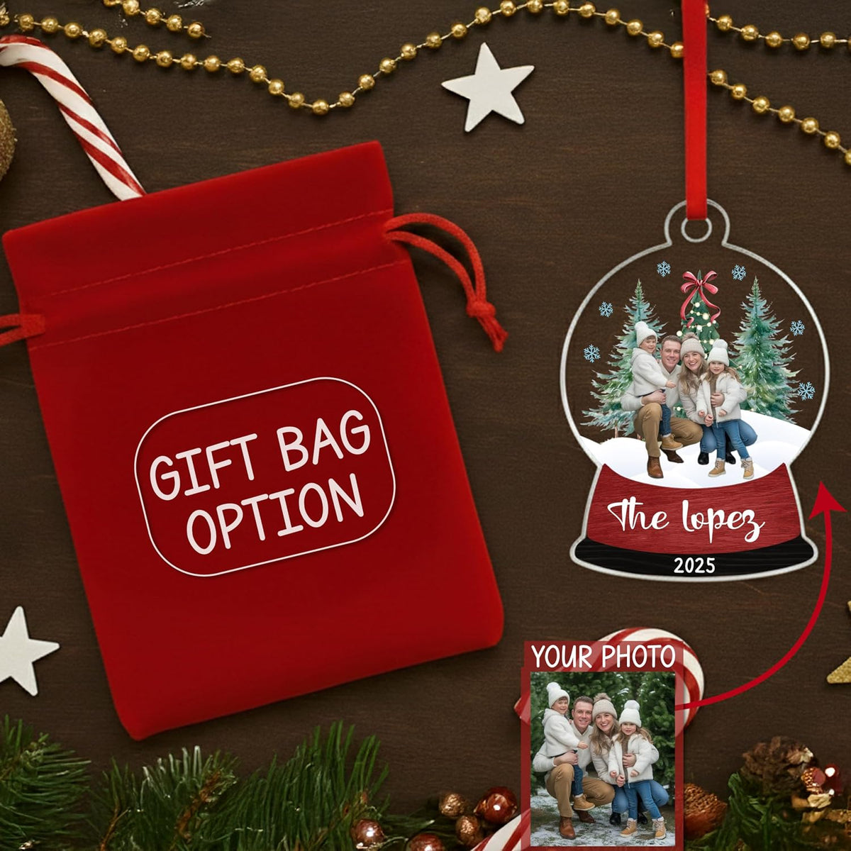 Personalized Christmas Photo Ornament, Custom Acrylic Snow Globe Keepsake with Name, Year & Picture, Holiday Tree Decoration Gift for Couples, Family, Wedding, Engagement, Pet Memorial