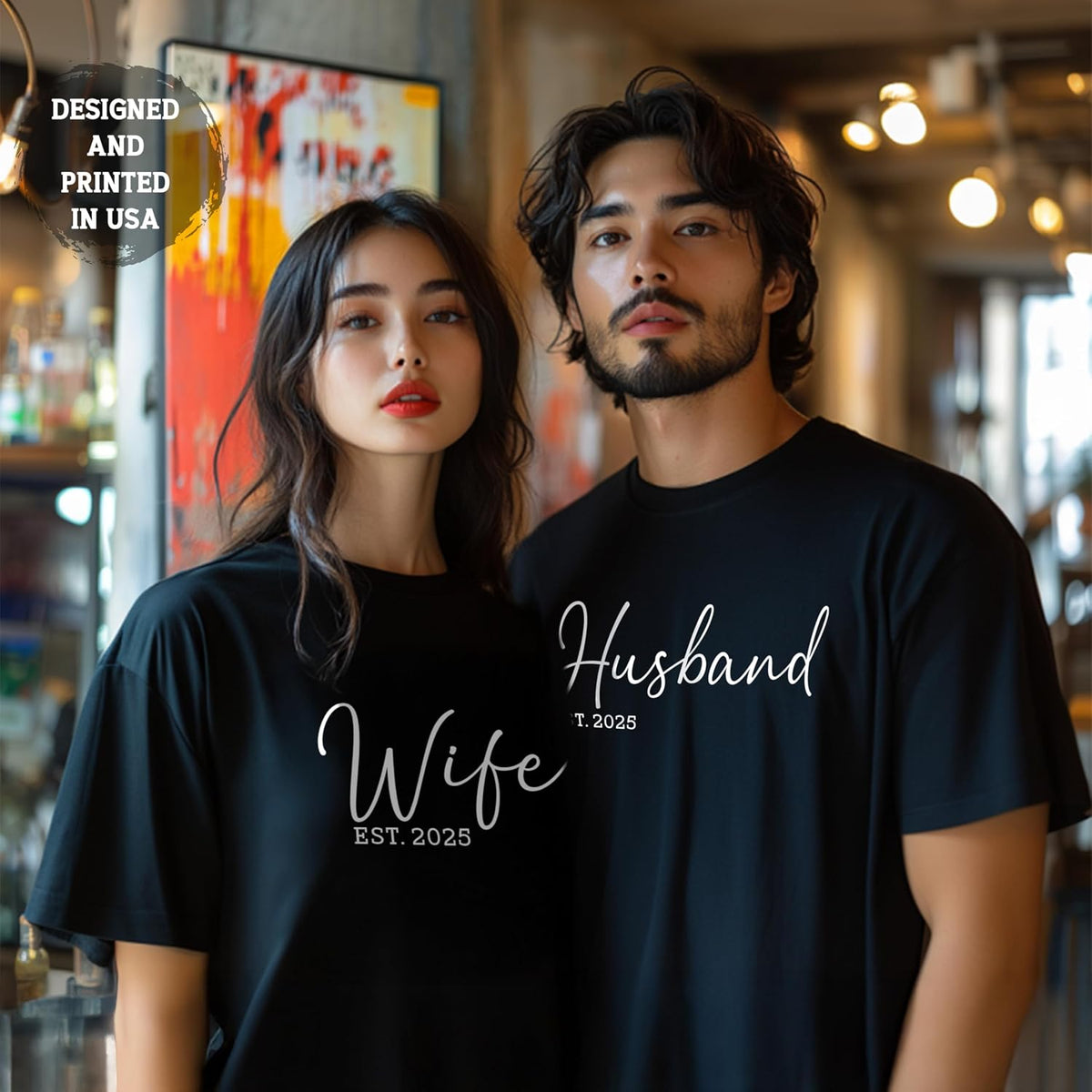 Husband Wife Matching Couple Outfits – Personalized Couple Honeymoon Tees with EST. Date – Custom Wedding