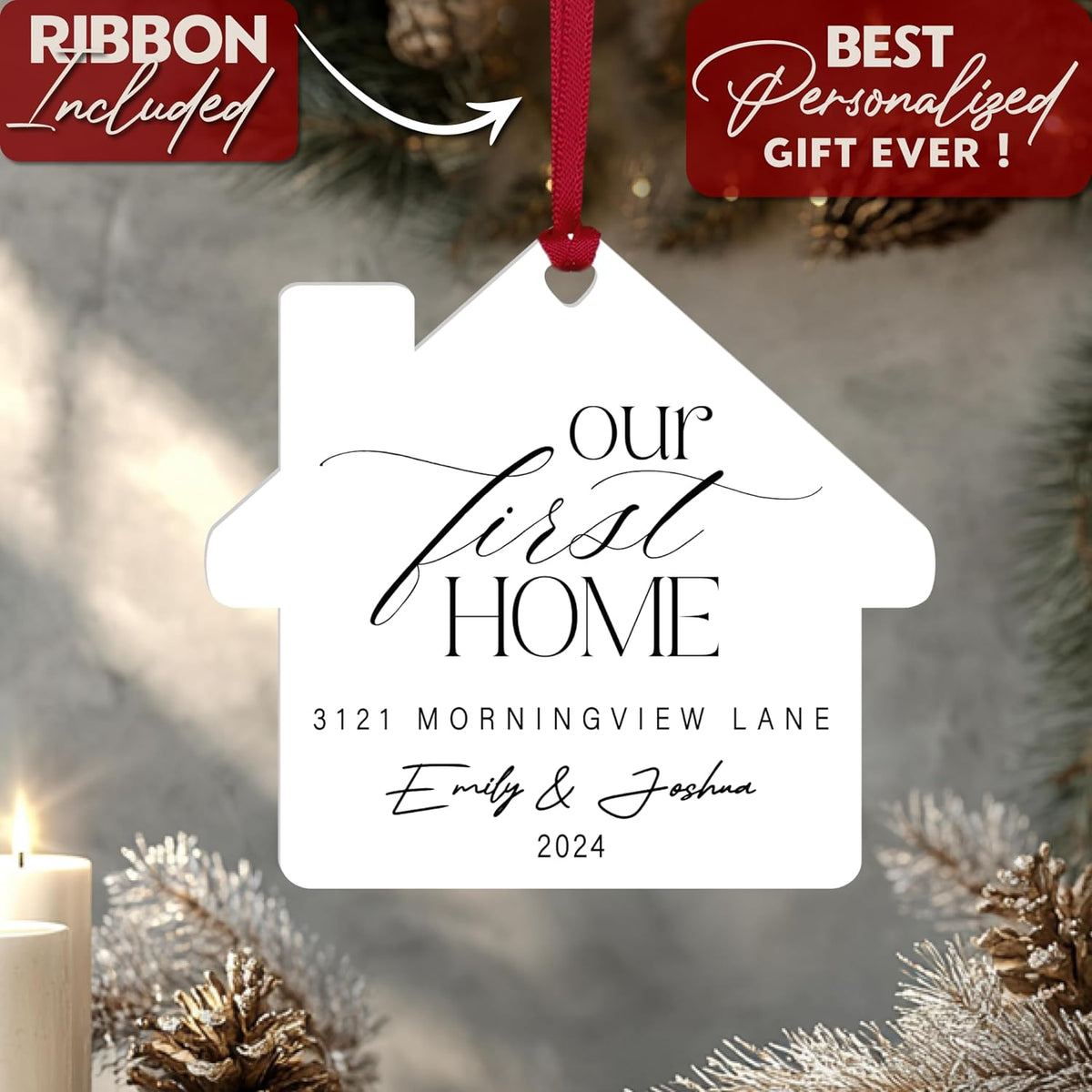 Personalized White Acrylic Xmas Ornaments - Custom Tree Decoration with Names, Address & Year - Unique Holiday Keepsake Gift for Wife & Husband, Christmas Home Decor Our First Home