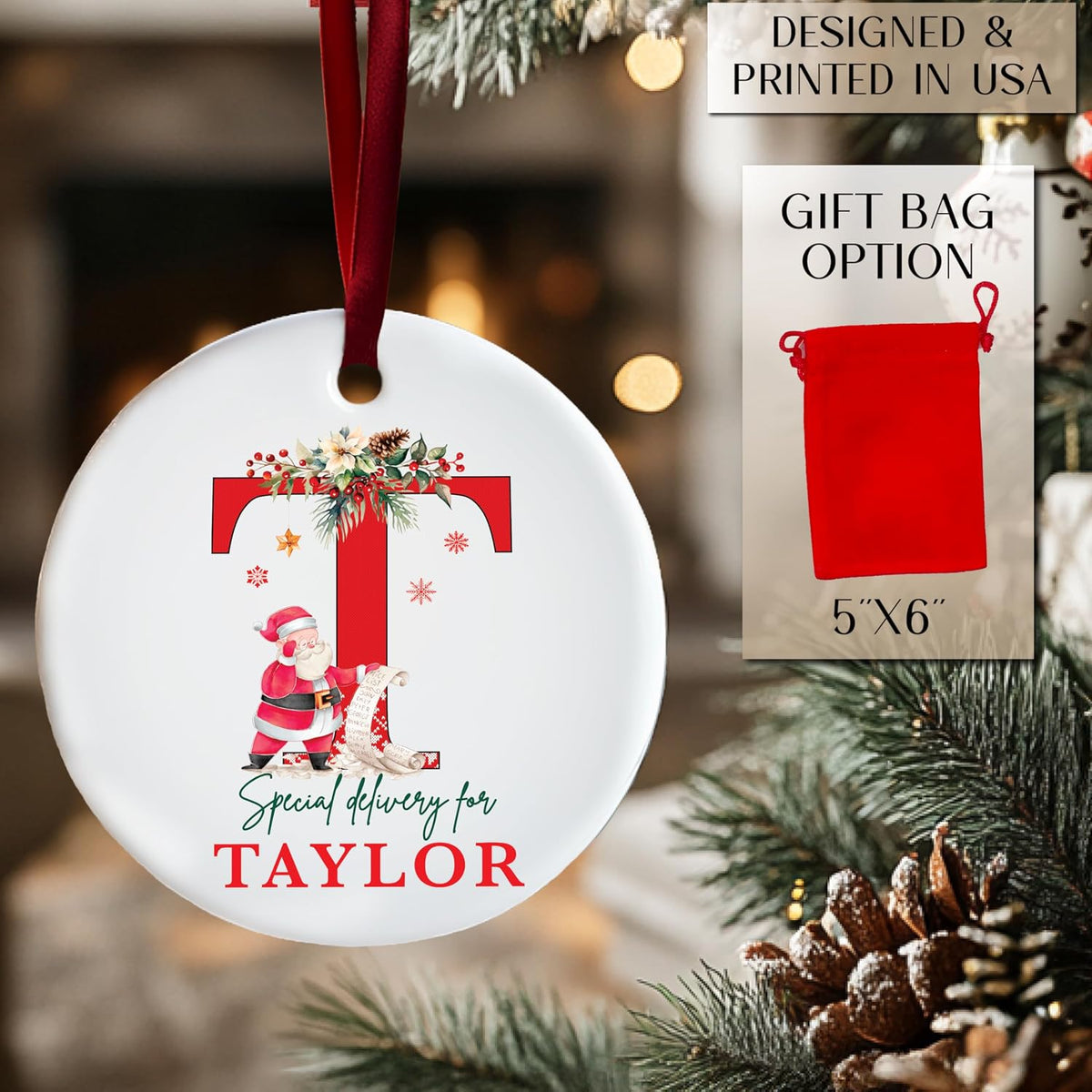Personalized Ceramic Christmas Ornament with Name and Initial