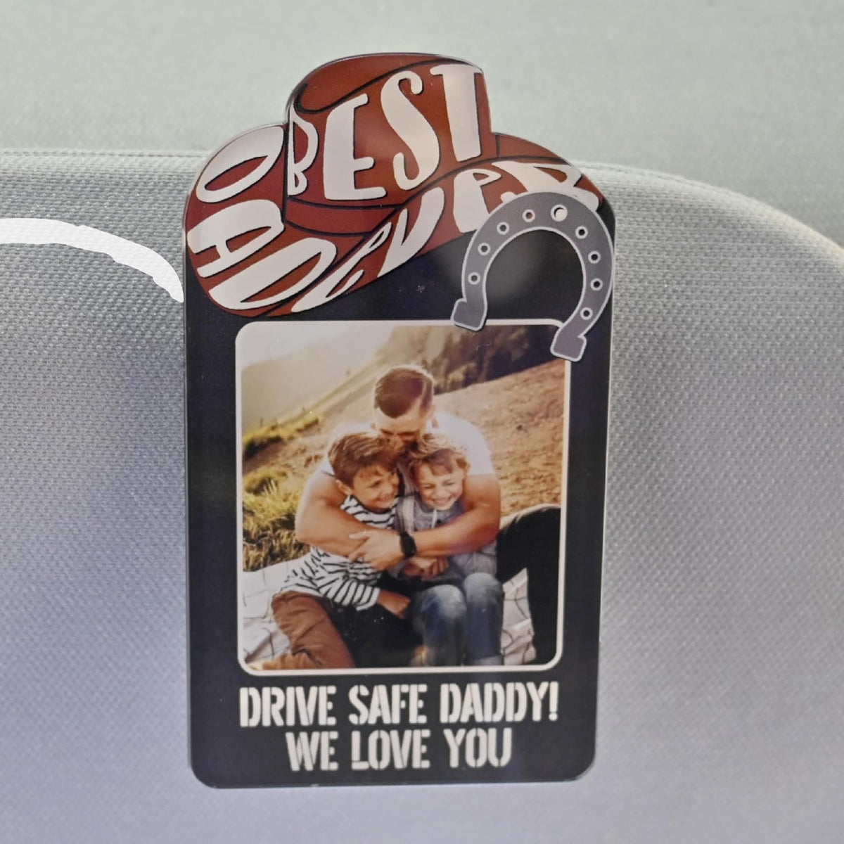 Personalized Cowboy Horseshoe Car Visor Clip – Custom Photo & Message Gift for Dad – Drive Safe Daddy – Cute Father’s Day Car Accessory from Kids – Best Dad Ever