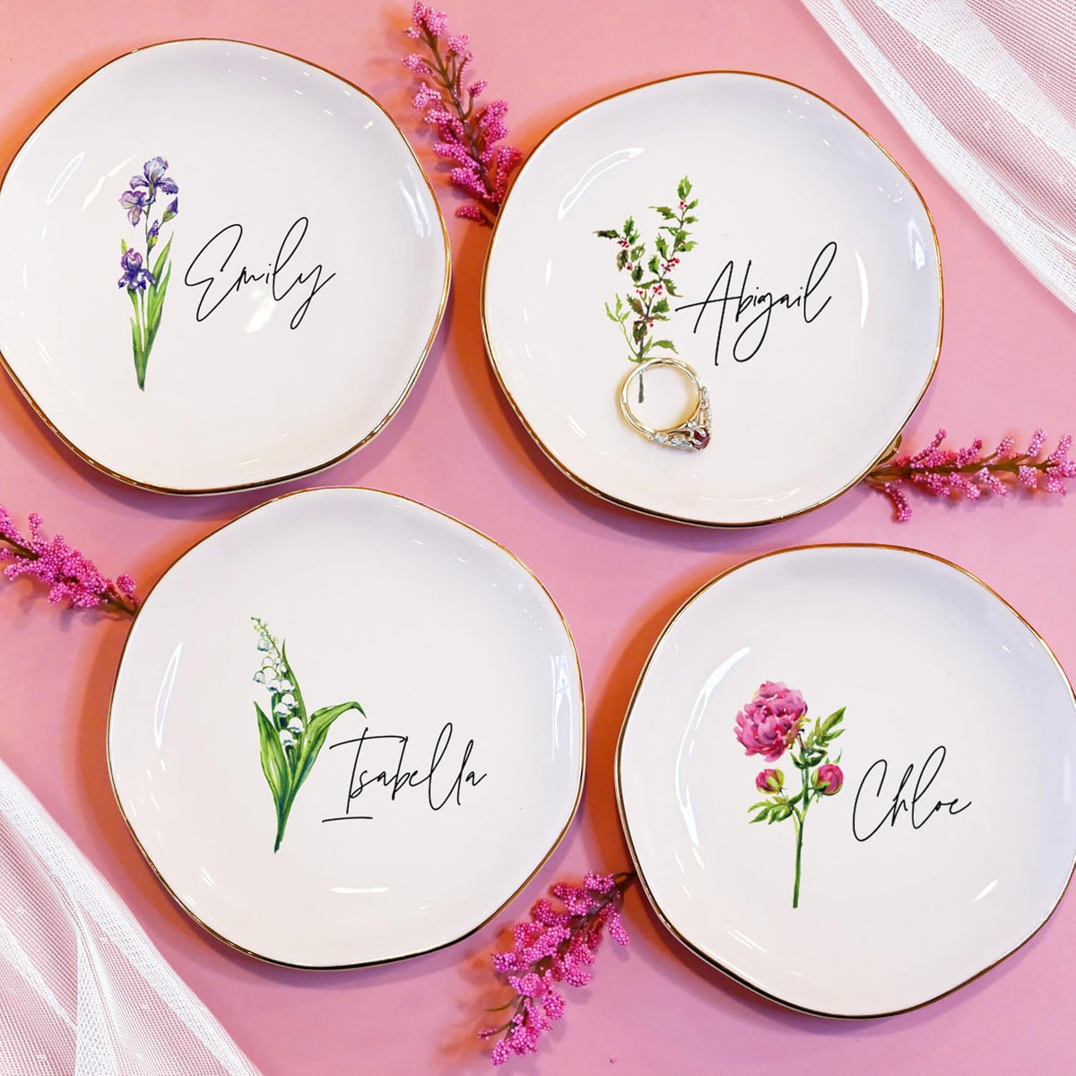 Personalized Birth Flower Name Ring Dish - Custom Floral Ceramic Jewelry Plate, Tray for Women, Bridesmaid, Daughter, Mom, Friends - Gift for Birthday, Christmas, Mother’s Day