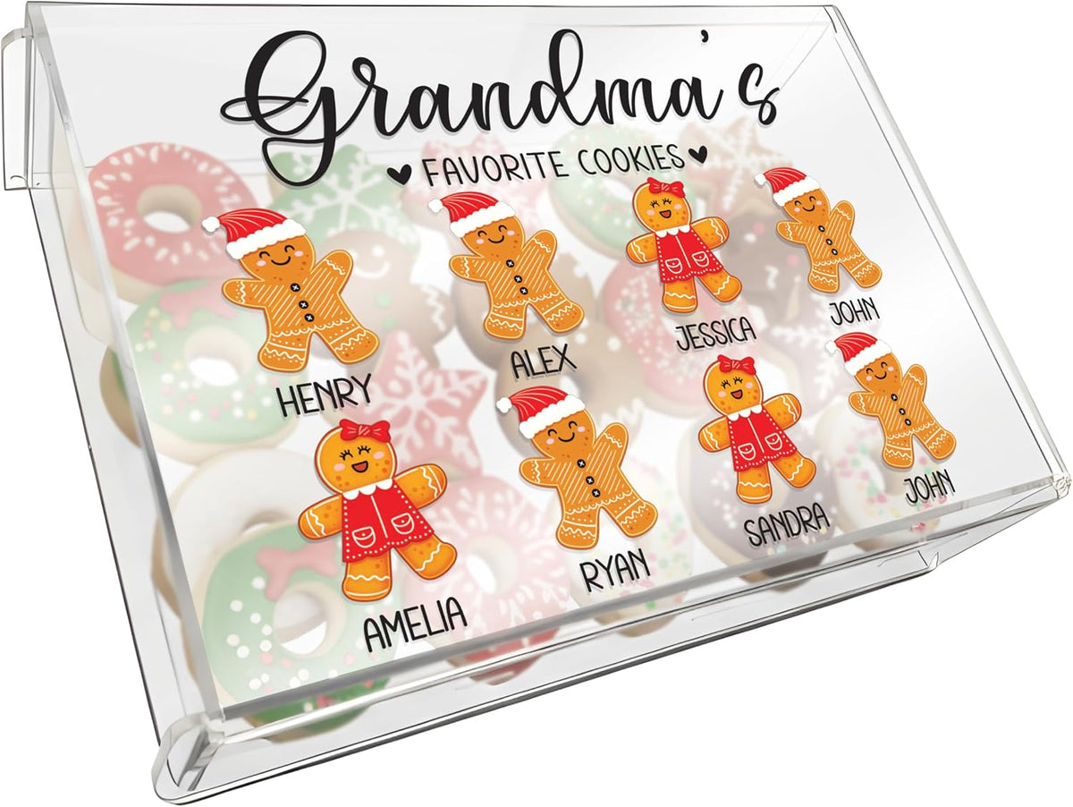 Tailored Moments Goods Personalized Christmas Cookie Box, Custom Acrylic Treat Container with Names & Gingerbread Icons, Grandma’s Favorite Cookies Storage Bin, Holiday Gift for Grandkids & Family