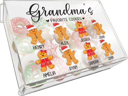 Tailored Moments Goods Personalized Christmas Cookie Box, Custom Acrylic Treat Container with Names & Gingerbread Icons, Grandma’s Favorite Cookies Storage Bin, Holiday Gift for Grandkids & Family