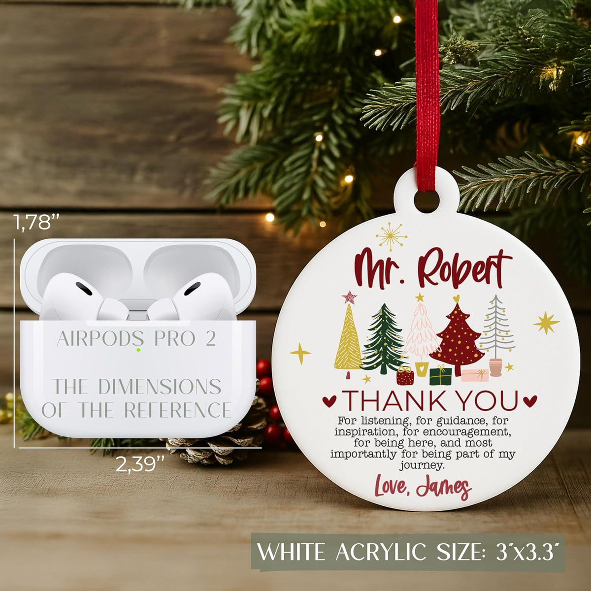 Personalized Teacher Ornament, Custom Name Thank You Gift for Teacher, Mentor or Coach, Ceramic or Acrylic Holiday Keepsake with Message, Appreciation Gift