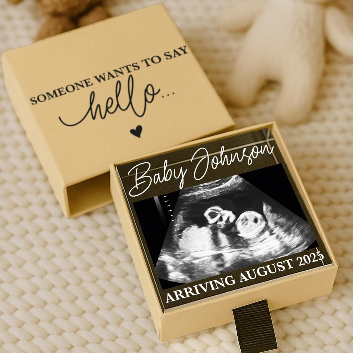 Pregnancy Announcement Keepsake – Personalized Ultrasound Sonogram Drawer Box with “Someone Wants to Say Hello” – Custom Acrylic Photo Frame with Baby Name & Due Date – Baby Shower & Grandparent Gift