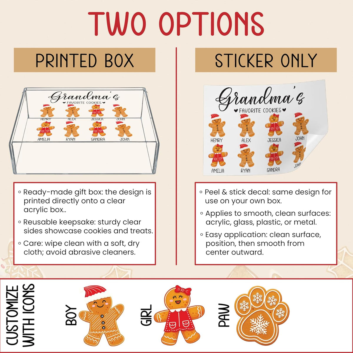 Tailored Moments Goods Personalized Christmas Cookie Box, Custom Acrylic Treat Container with Names & Gingerbread Icons, Grandma’s Favorite Cookies Storage Bin, Holiday Gift for Grandkids & Family
