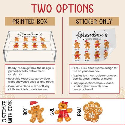 Tailored Moments Goods Personalized Christmas Cookie Box, Custom Acrylic Treat Container with Names & Gingerbread Icons, Grandma’s Favorite Cookies Storage Bin, Holiday Gift for Grandkids & Family