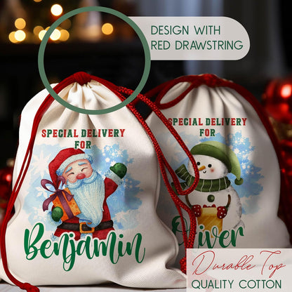 Personalized Christmas Santa Sack with Names, Custom Drawstring Gift Pouch