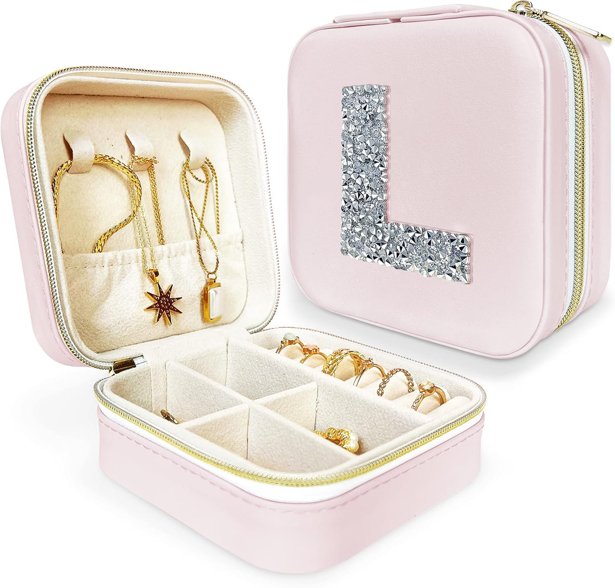 UNIQUE CUSTOM GIFTS Personalized Initial Jewelry Box Gifts for Women - White & Pink Colors - Travel Organizer Case for Girls - Bridesmaid Gift (Pink Box #L)