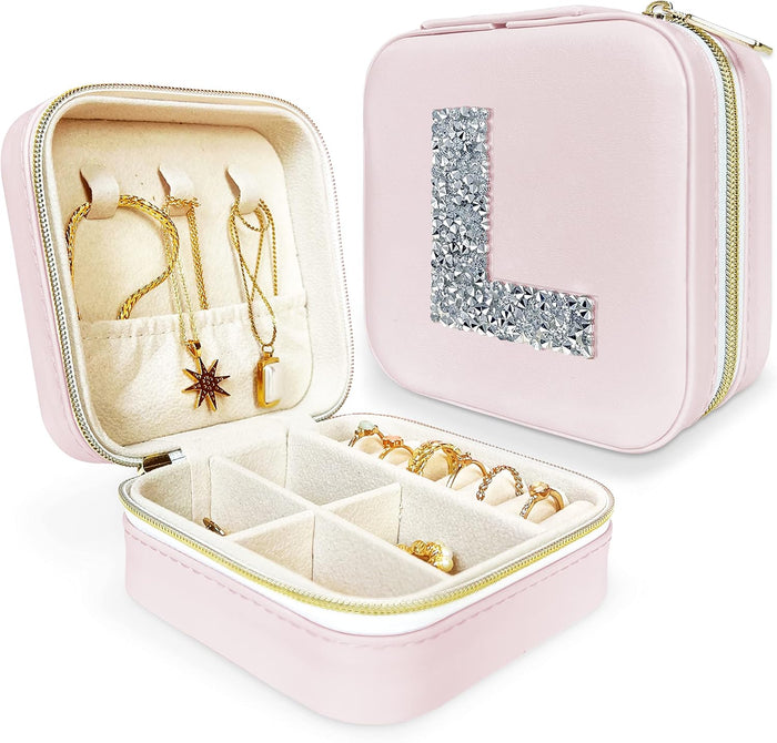 Personalized Initial Jewelry Box Gifts for Women - White & Pink Colors - Travel Organizer Case for Girls - Bridesmaid Gift (Pink Box #L)